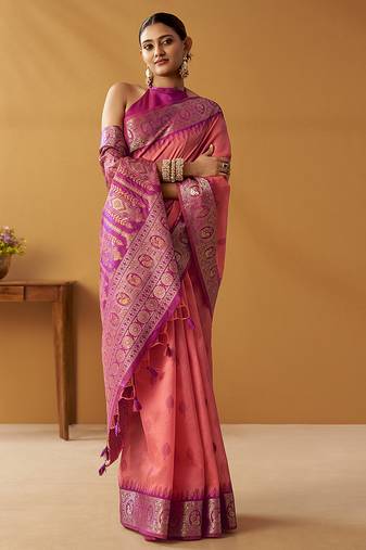 Peach silk blend pochampalli border and pallu