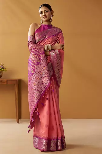 Peach silk blend pochampalli border and pallu