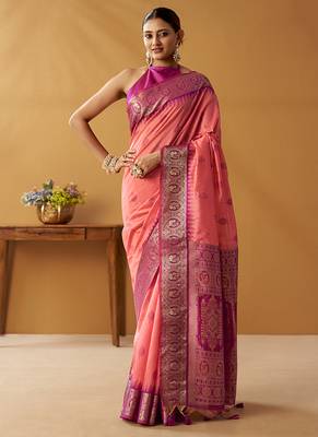 Peach silk blend pochampalli border and pallu 2