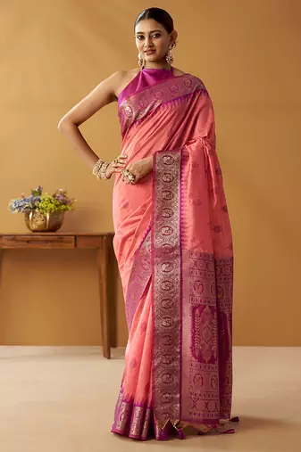 Peach silk blend pochampalli border and pallu