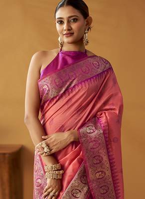 Peach silk blend pochampalli border and pallu 3