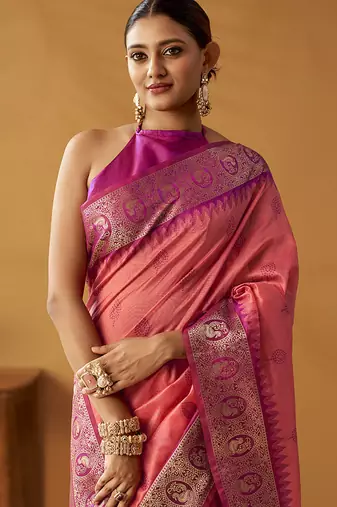 Peach silk blend pochampalli border and pallu
