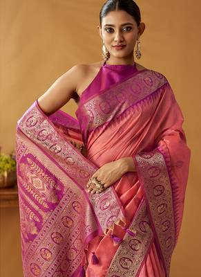 Peach silk blend pochampalli border and pallu 4