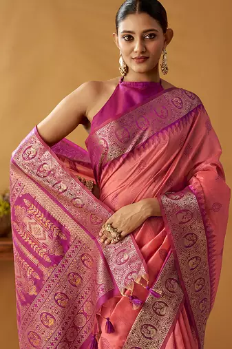 Peach silk blend pochampalli border and pallu