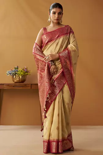 Beige silk blend pochampalli border and pallu
