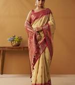 Beige silk blend pochampalli border and pallu