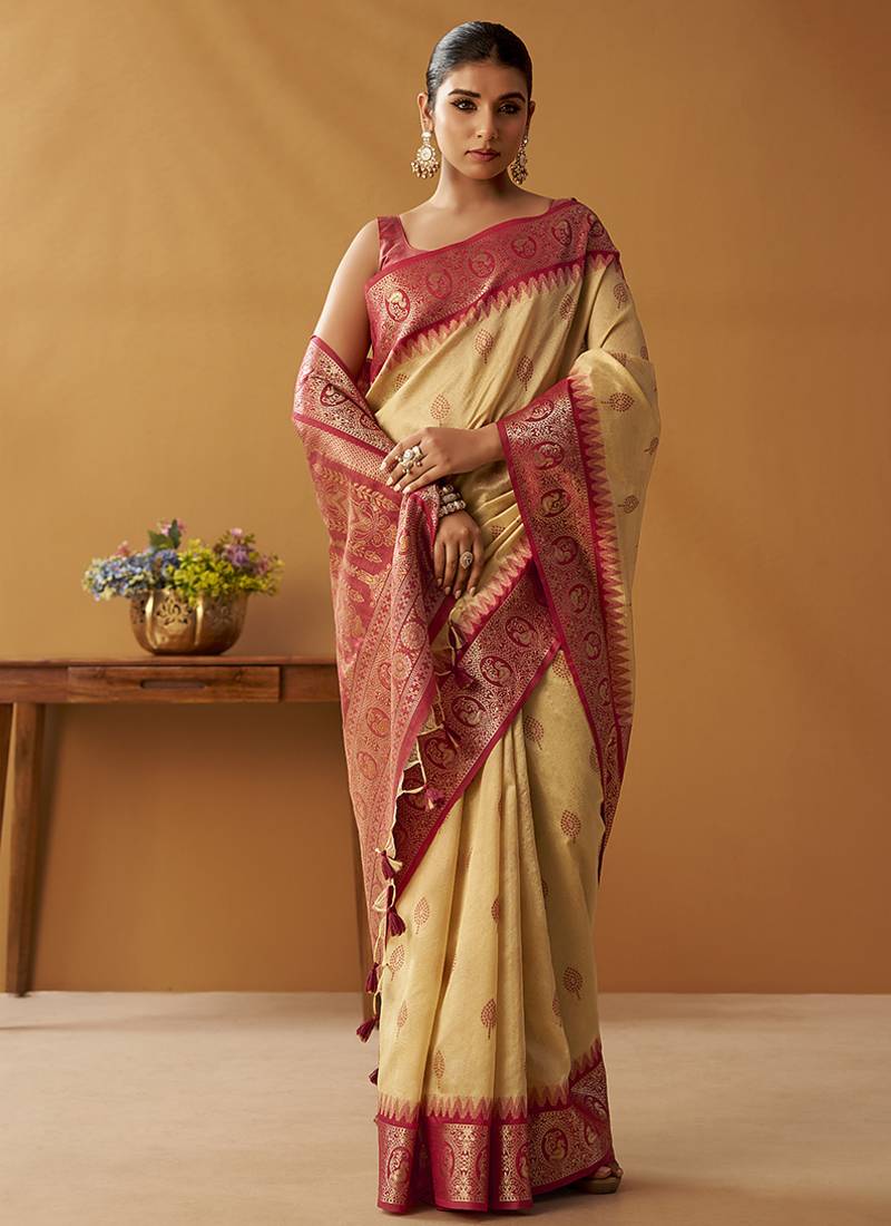 Beige silk blend pochampalli border and pallu