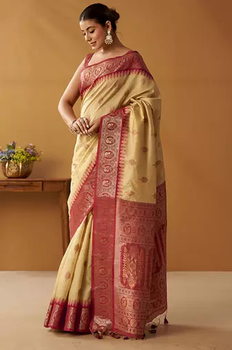 Beige silk blend pochampalli border and pallu