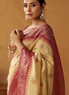 Beige silk blend pochampalli border and pallu 4