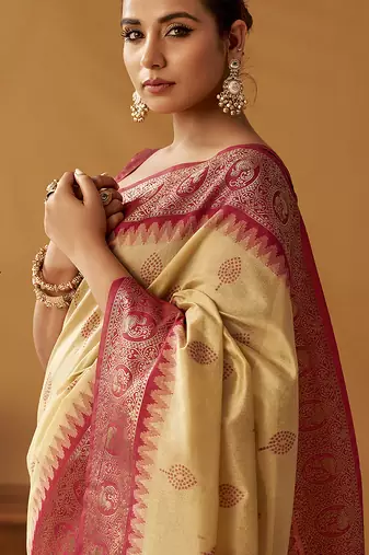 Beige silk blend pochampalli border and pallu