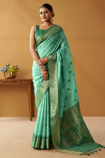 Turquoise silk blend pochampalli border and pallu