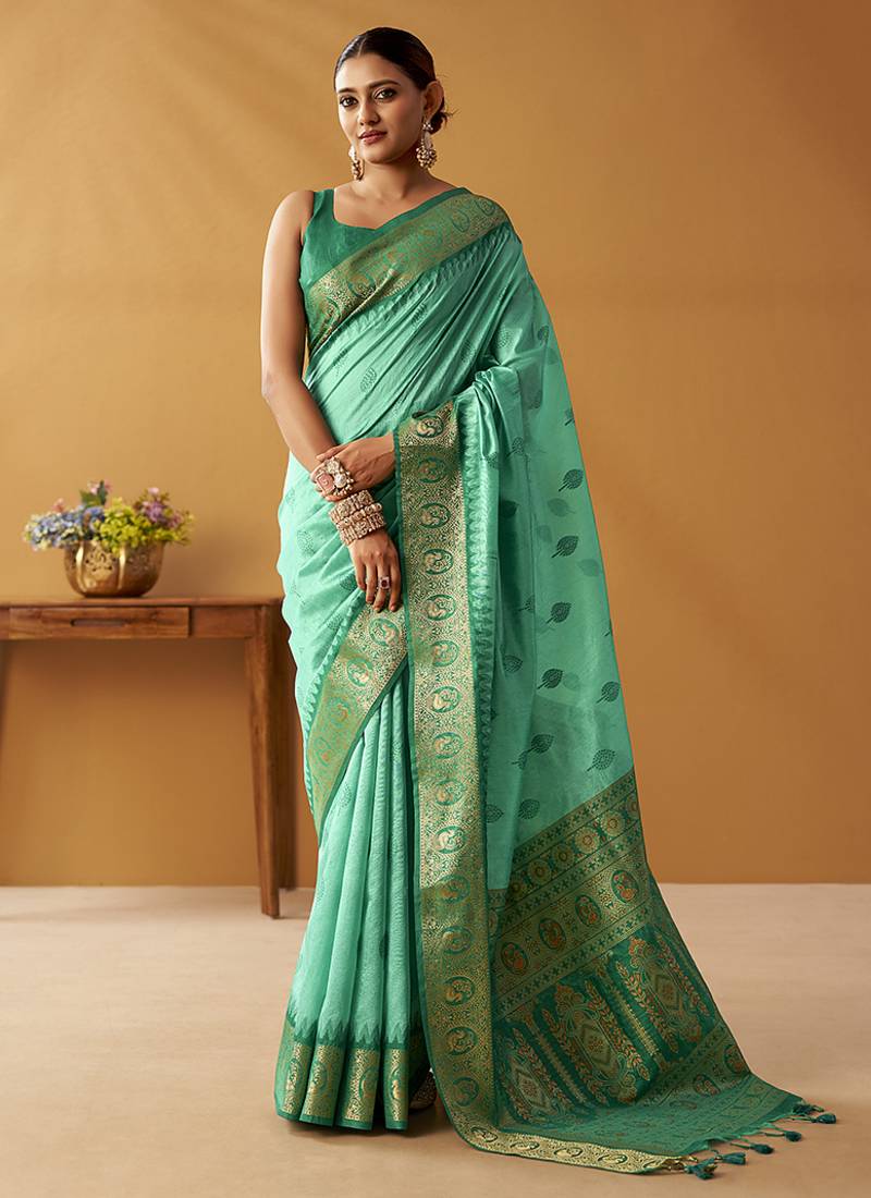 Turquoise silk blend pochampalli border and pallu