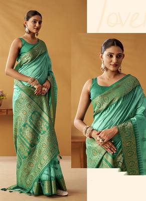 Turquoise silk blend pochampalli border and pallu 2