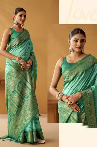Turquoise silk blend pochampalli border and pallu
