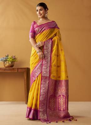 Yellow silk blend pochampalli border and pallu 1