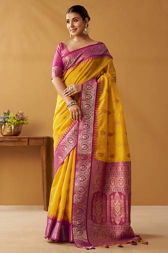 Yellow silk blend pochampalli border and pallu