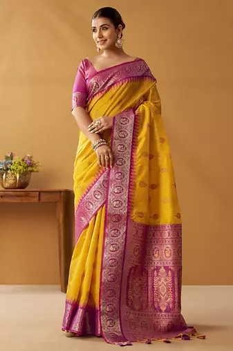 Yellow silk blend pochampalli border and pallu
