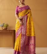 Yellow silk blend pochampalli border and pallu