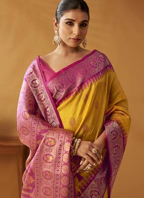 Yellow silk blend pochampalli border and pallu 2