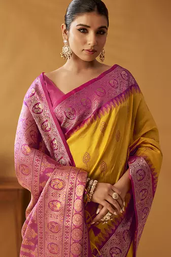 Yellow silk blend pochampalli border and pallu