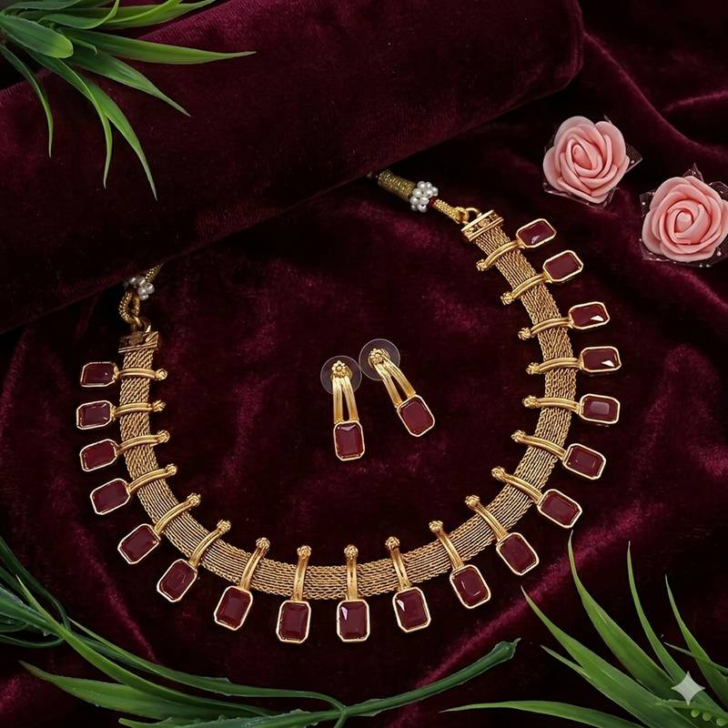 elegant maroon and gold mesh necklace set with matching earrings