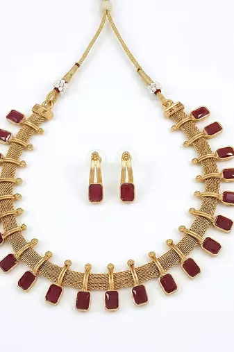 elegant maroon and gold mesh necklace set with matching earrings