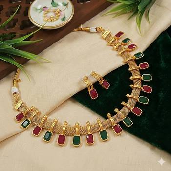 elegant multi-color and gold mesh necklace set with earrings 1