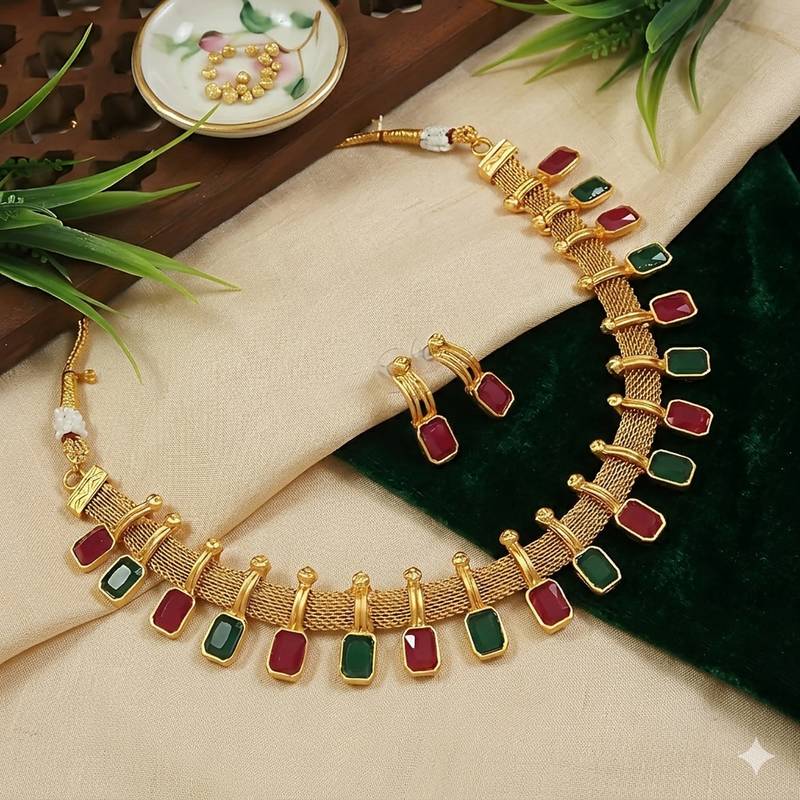 elegant multi-color and gold mesh necklace set with earrings