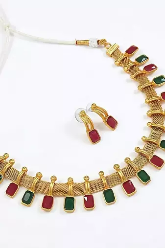 elegant multi-color and gold mesh necklace set with earrings