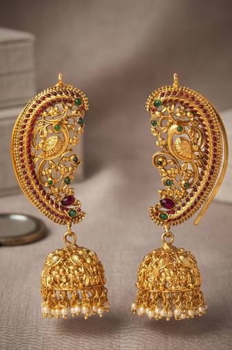 exquisite gold-plated peacock jhumka earrings with stone work