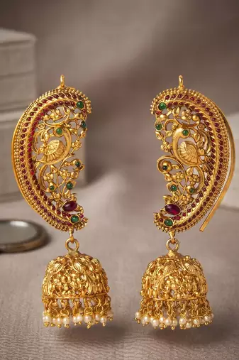 exquisite gold-plated peacock jhumka earrings with stone work