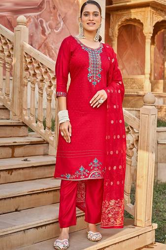 Red heavy vertican silk kurta pent dupatta set