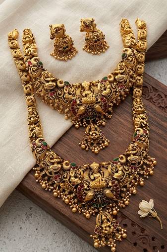 traditional gold-plated temple jewellery set with necklace and jhumkas