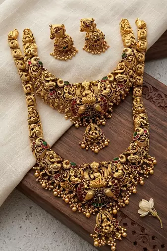 traditional gold-plated temple jewellery set with necklace and jhumkas