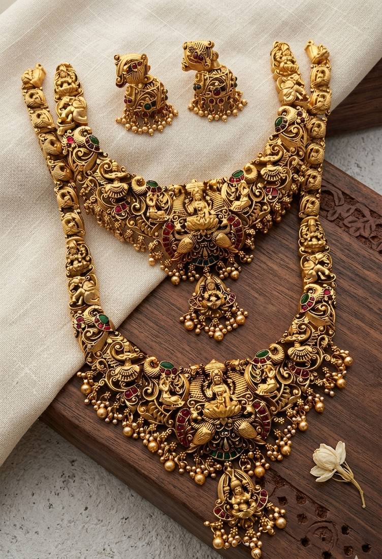 traditional gold-plated temple jewellery set with necklace and jhumkas