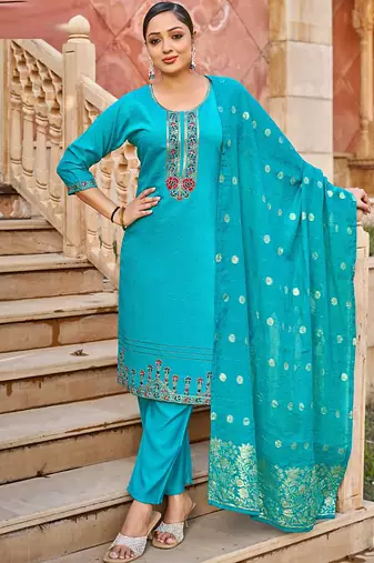 Sky blue heavy vertican silk kurta pent dupatta set