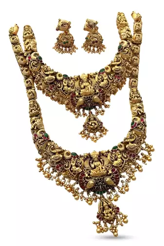 traditional gold-plated temple jewellery set with necklace and jhumkas