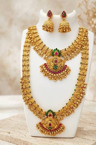 exquisite temple jewellery necklace and choker set with jhumkas