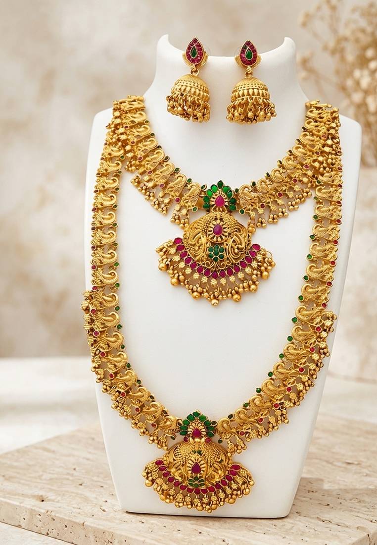 exquisite temple jewellery necklace and choker set with jhumkas