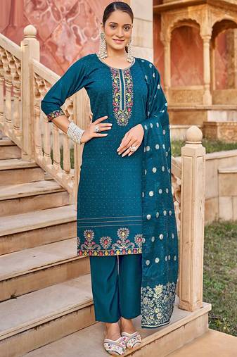Teal heavy vertican silk kurta pant dupatta set