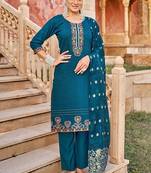 Teal heavy vertican silk kurta pent dupatta set