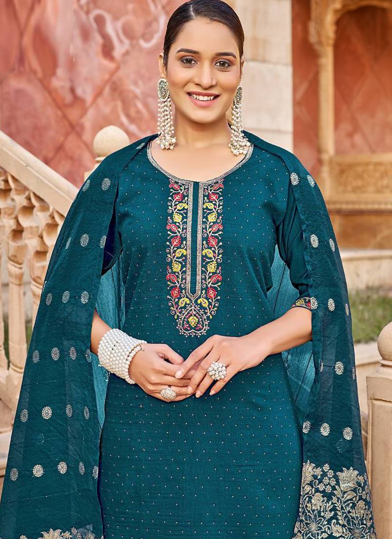 Teal heavy vertican silk kurta pent dupatta set