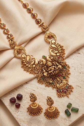 traditional gold-plated temple necklace set with earrings