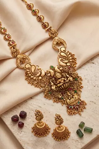 traditional gold-plated temple necklace set with earrings