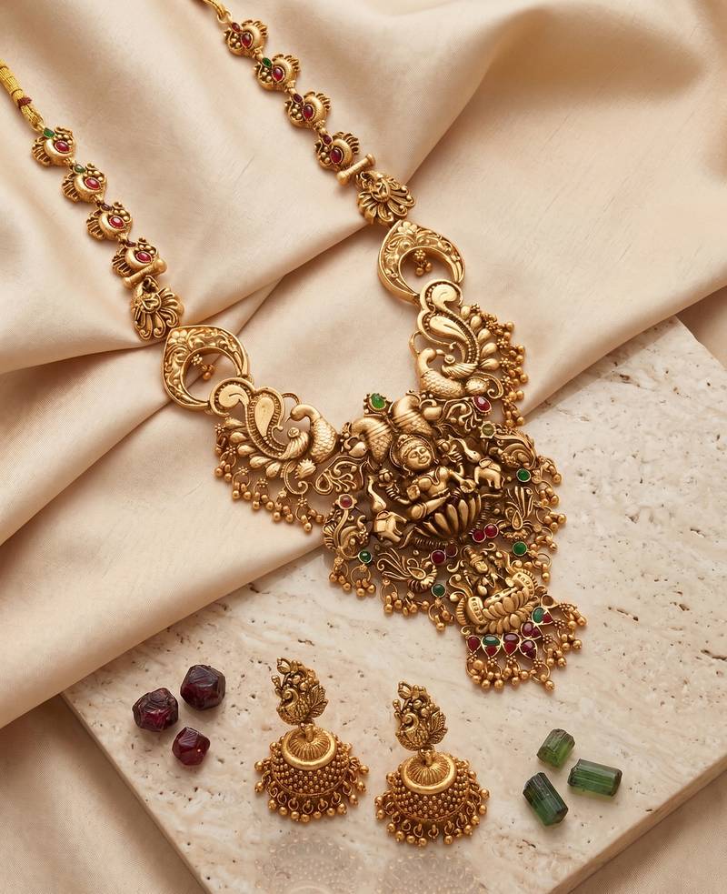 traditional gold-plated temple necklace set with earrings