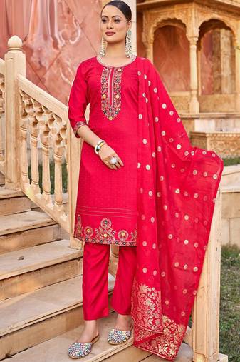 Pink heavy vertican silk kurta pant dupatta set