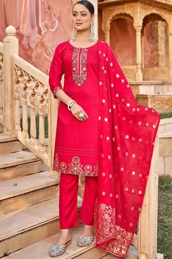 Pink heavy vertican silk kurta pent dupatta set