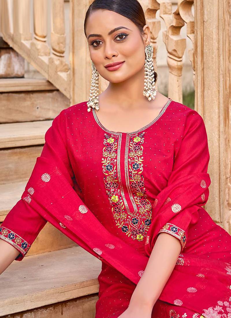 Pink heavy vertican silk kurta pent dupatta set