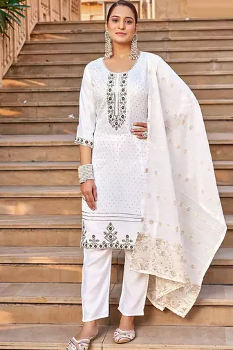 White heavy vertican silk kurta pent dupatta set