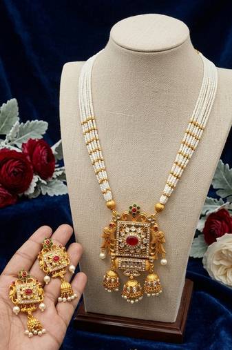 elegant white pearl and gold kundan necklace set